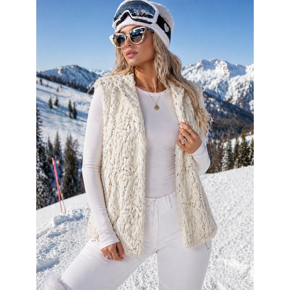 Betsey Johnson Ivory Faux Fur Sequin Vest Cream Gold Shimmer Glam Womens‎ Large